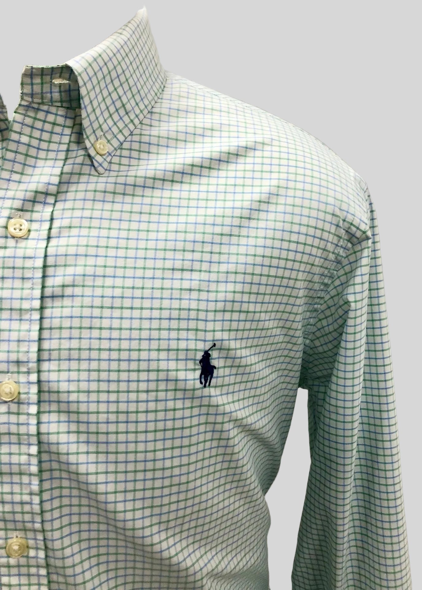 Camisa Polo Ralph Lauren 🏇🏼 color blanco de cuadros verde y celeste Talla XL Entalle Clásico