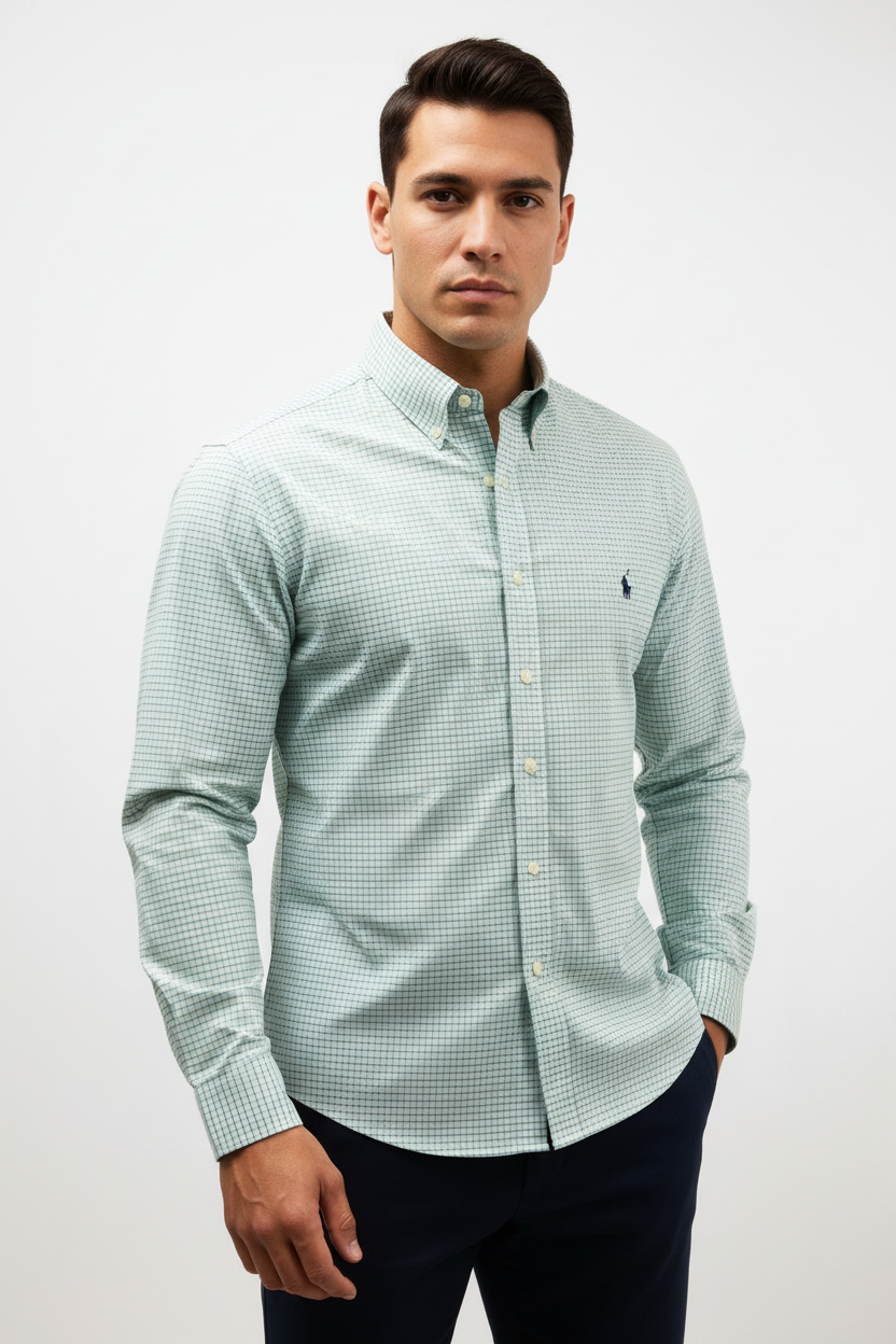 Camisa Polo Ralph Lauren 🏇🏼 color blanco de cuadros verde y celeste Talla XL Entalle Clásico