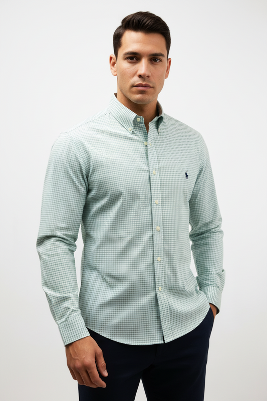 Camisa Polo Ralph Lauren 🏇🏼 color blanco de cuadros verde y celeste Talla XL Entalle Clásico