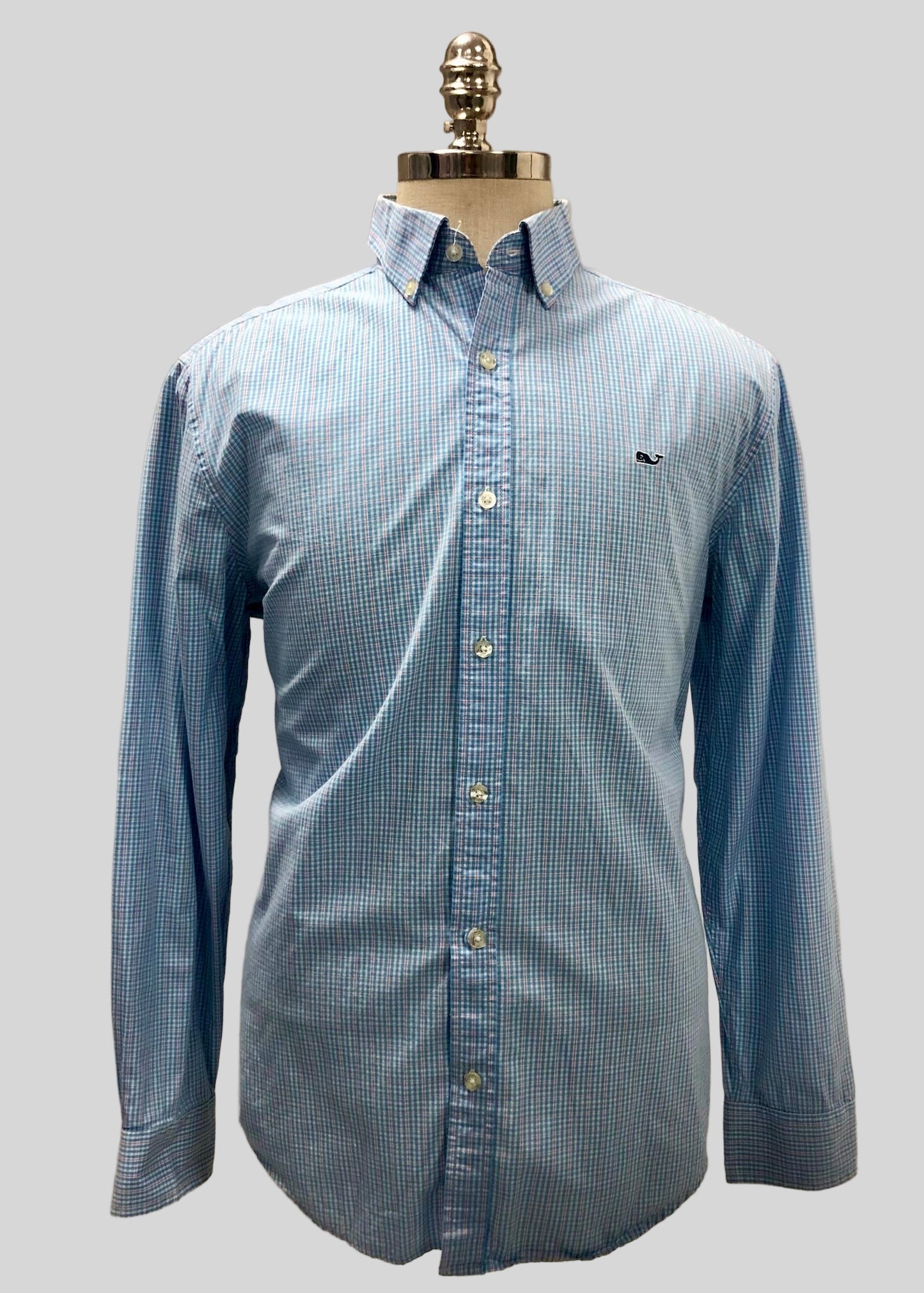Camisa de botones Vineyard Vines 🐳 de cuadros finos en color celeste, rosado y blanco Talla L Entalle Regular