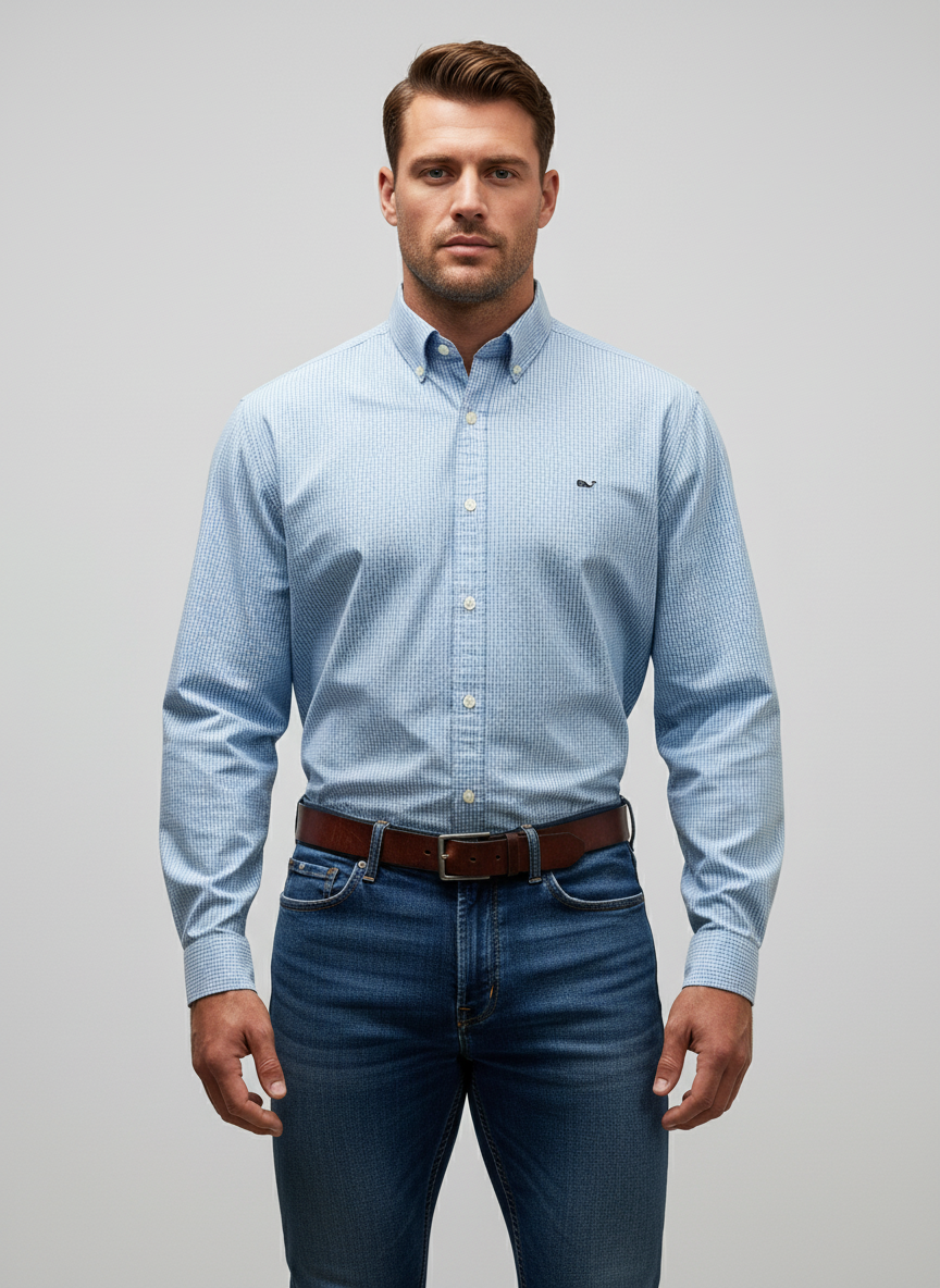 Camisa de botones Vineyard Vines 🐳 de cuadros finos en color celeste, rosado y blanco Talla L Entalle Regular