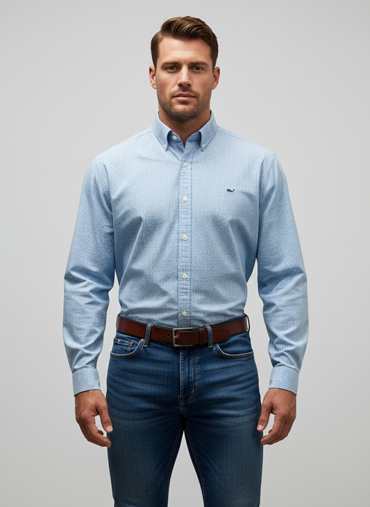 Camisa de botones Vineyard Vines 🐳 de cuadros finos en color celeste, rosado y blanco Talla L Entalle Regular