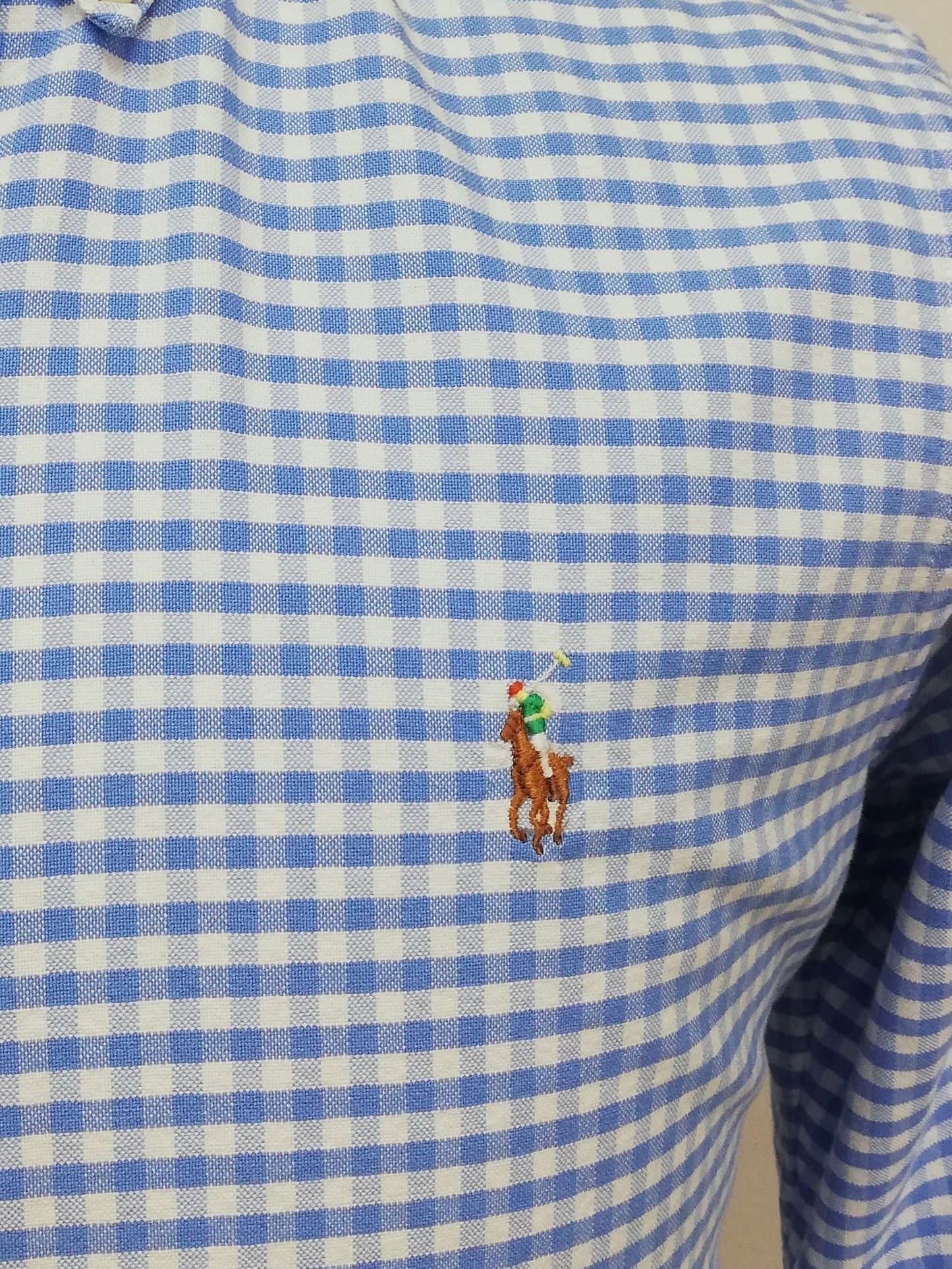 Camisa Polo Ralph Lauren 🏇🏼 Oxford con patron de cuadros gingham en Celeste y blanco Talla S Entalle Regular (ver descripción)