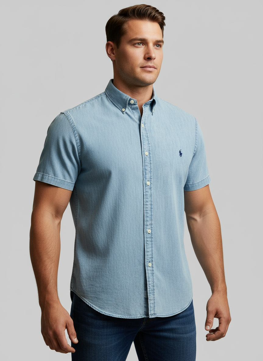 Camisa de botones Polo Ralph Lauren 🏇🏼 de jeans en color Celeste y logo en azul Talla XL Entalle Clásico