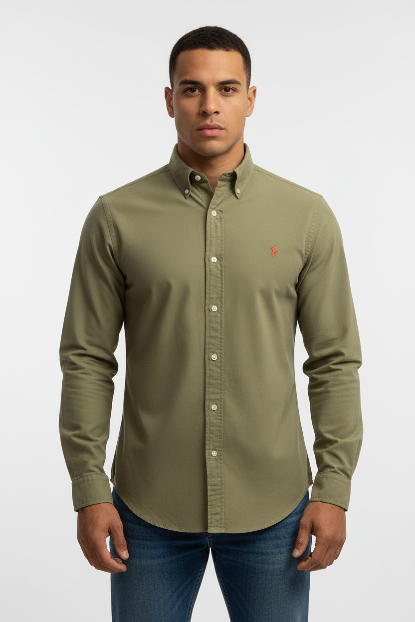 Camisa de botones Polo Ralph Lauren 🏇🏼 Oxford en color verde olivo Talla L Entalle Clásico