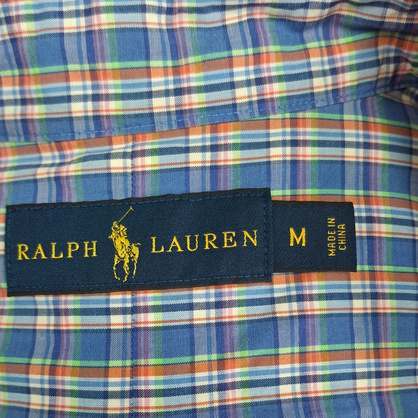 Camisa Polo Ralph Lauren 🏇🏼 con patrón de cuadros celeste, naranja y blanco Talla M Entalle Regular