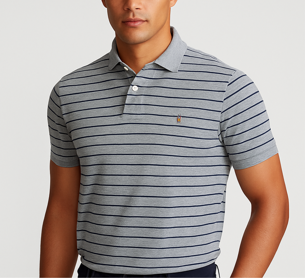 Camiseta Polo Ralph Lauren 🏇🏼 Color gris con patrón de rayas color Azul navy Talla L Entalle Regular