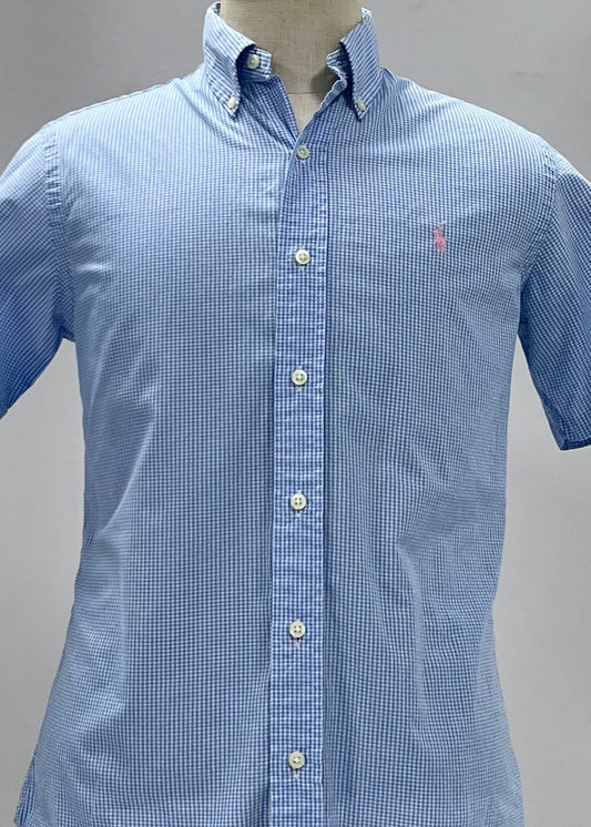 Camisa Polo Ralph Lauren 🏇🏼 con patrón de cuadros finos en celeste y blanco Talla S Entalle Regular