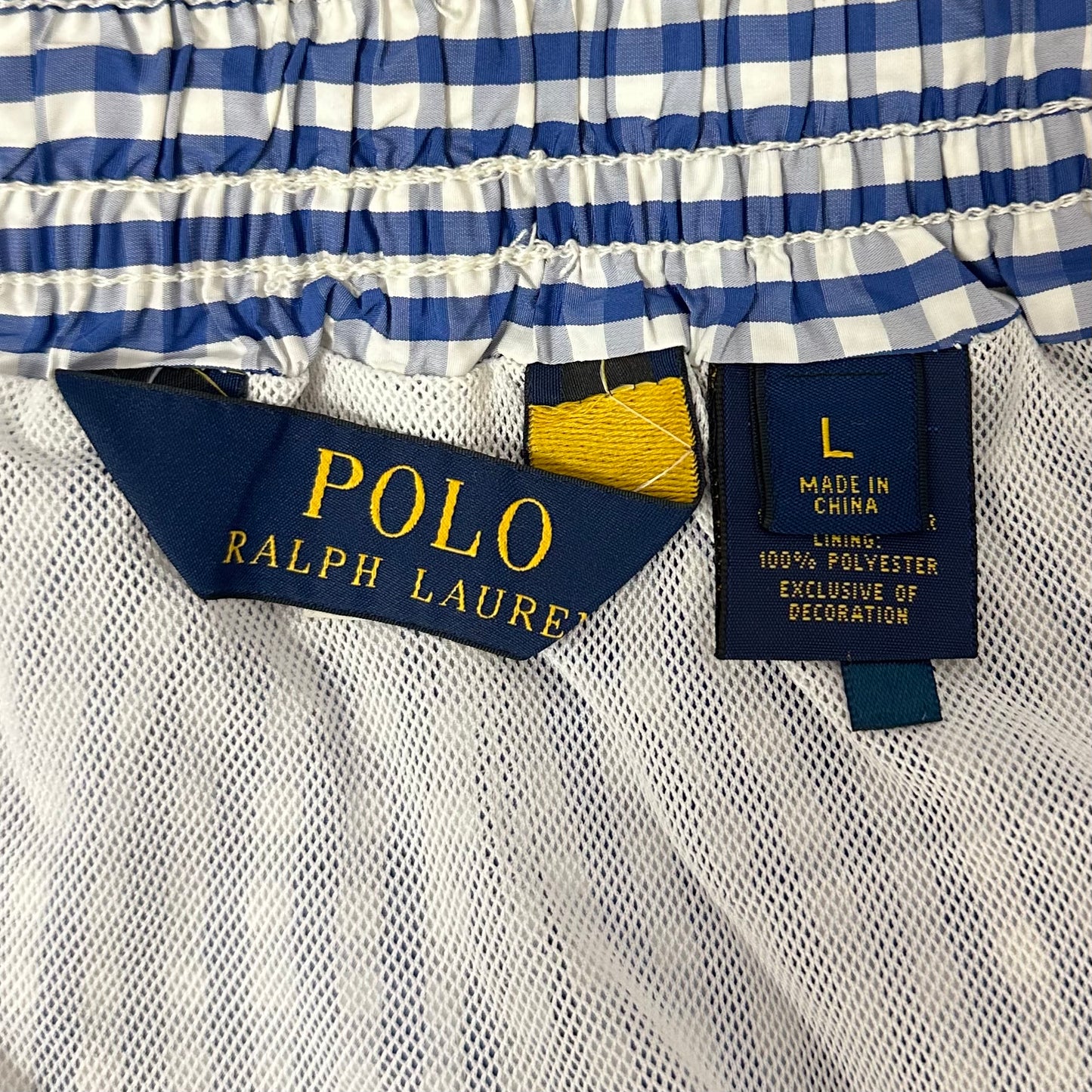 Short de baño Polo Ralph Lauren 🏇🏼 con patron de cuadros gingham en color azul  y blanco con logo bordado en color naranja talla L