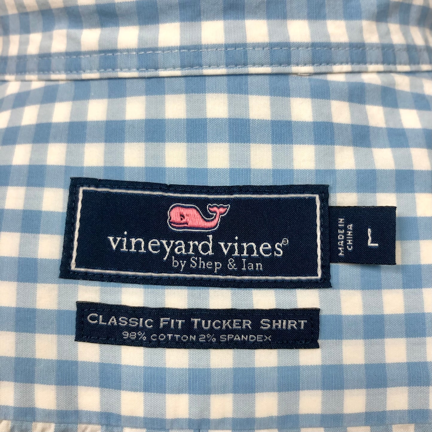 Camisa Vineyard Vines 🐳 de cuadros gingham en color celeste claro y blanco Talla L Entalle Clasico (ver descripción)