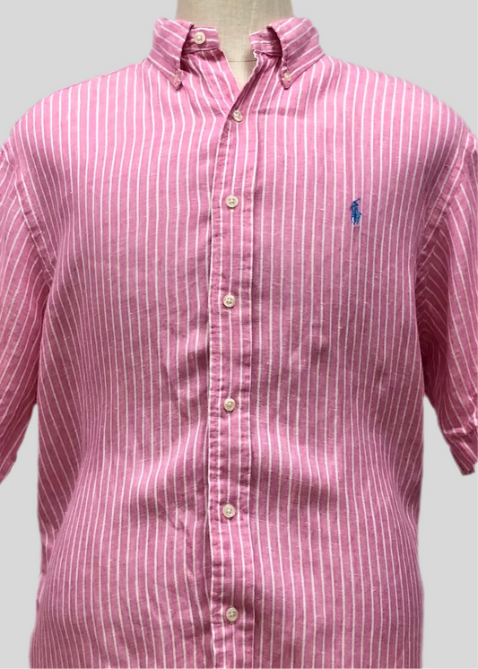 Camisa Polo Ralph Lauren 🏇🏼 Color rosado de Lino con patron de rayas en color blanco Talla XL Entalle Clásico