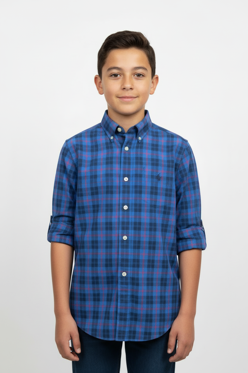 Camisa de niño Polo Ralph Lauren 🏇🏼 color azul con patron de cuadros en rojo y azul navy Talla L (14-16) Entalle Regular