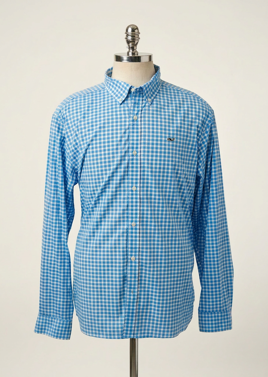 Camisa Vineyard Vines 🐳 Performance de cuadros gingham en color celeste y blanco Talla XL Entalle Clásico