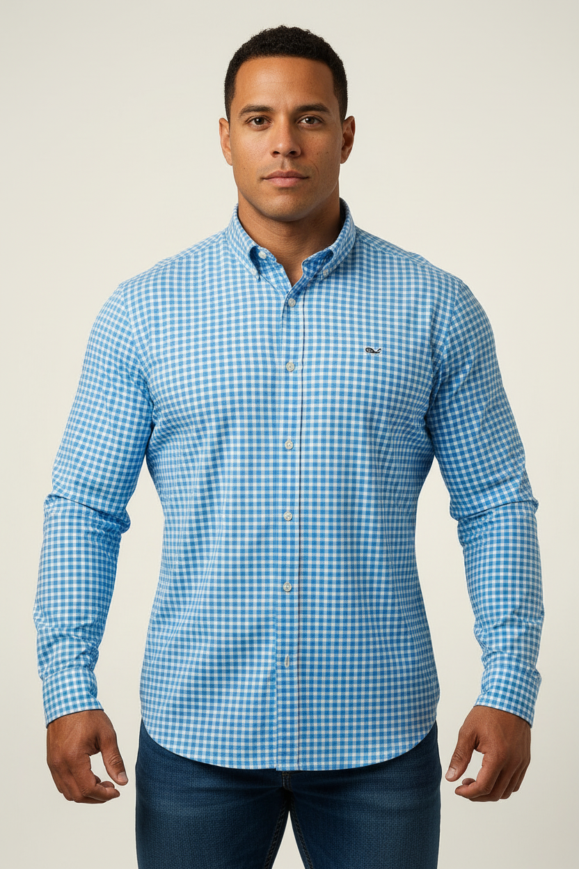 Camisa Vineyard Vines 🐳 Performance de cuadros gingham en color celeste y blanco Talla XL Entalle Clásico