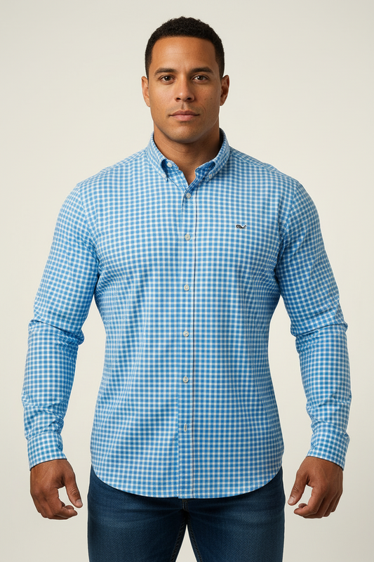 Camisa Vineyard Vines 🐳 Performance de cuadros gingham en color celeste y blanco Talla XL Entalle Clásico