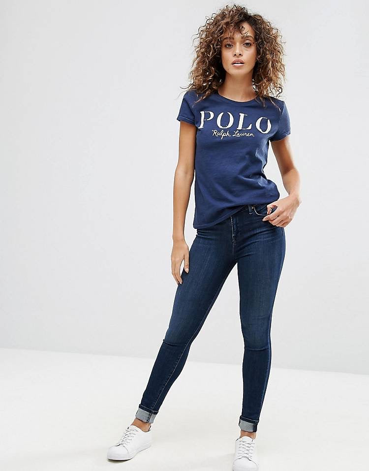 Camiseta cuello redondo de mujer Polo Ralph Lauren 🏇🏼 color azul navy con diseño de logo blanco Talla XS Entalle Regular