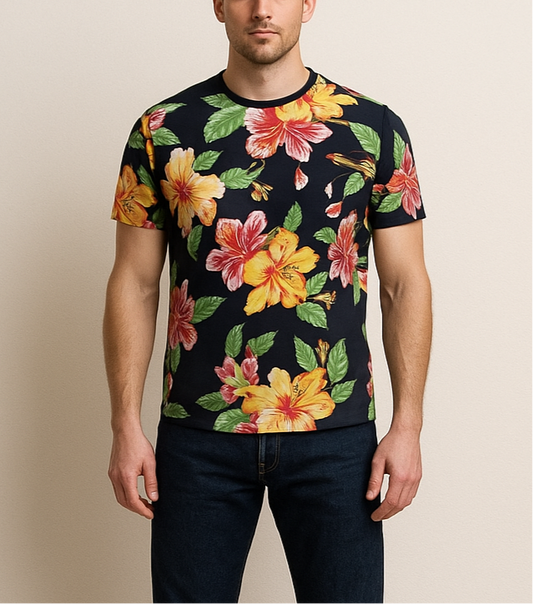 Camiseta cuello redondo Polo Ralph Lauren 🏇🏼 color azul oscuro con diseño floral Talla M Entalle Clásico