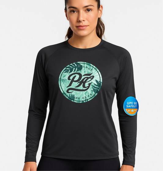 Camiseta de mujer cuello redondo Columbia 🔷 color gris oscuro con logo circular estampado manga larga Talla XL