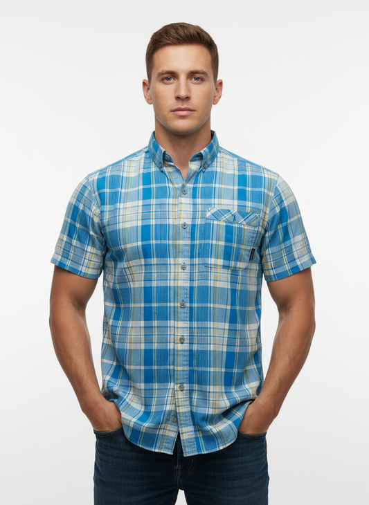 Camisa Columbia 🔹de cuadros en color azul, verde y blanco con Omni Shade Manga corta Talla S