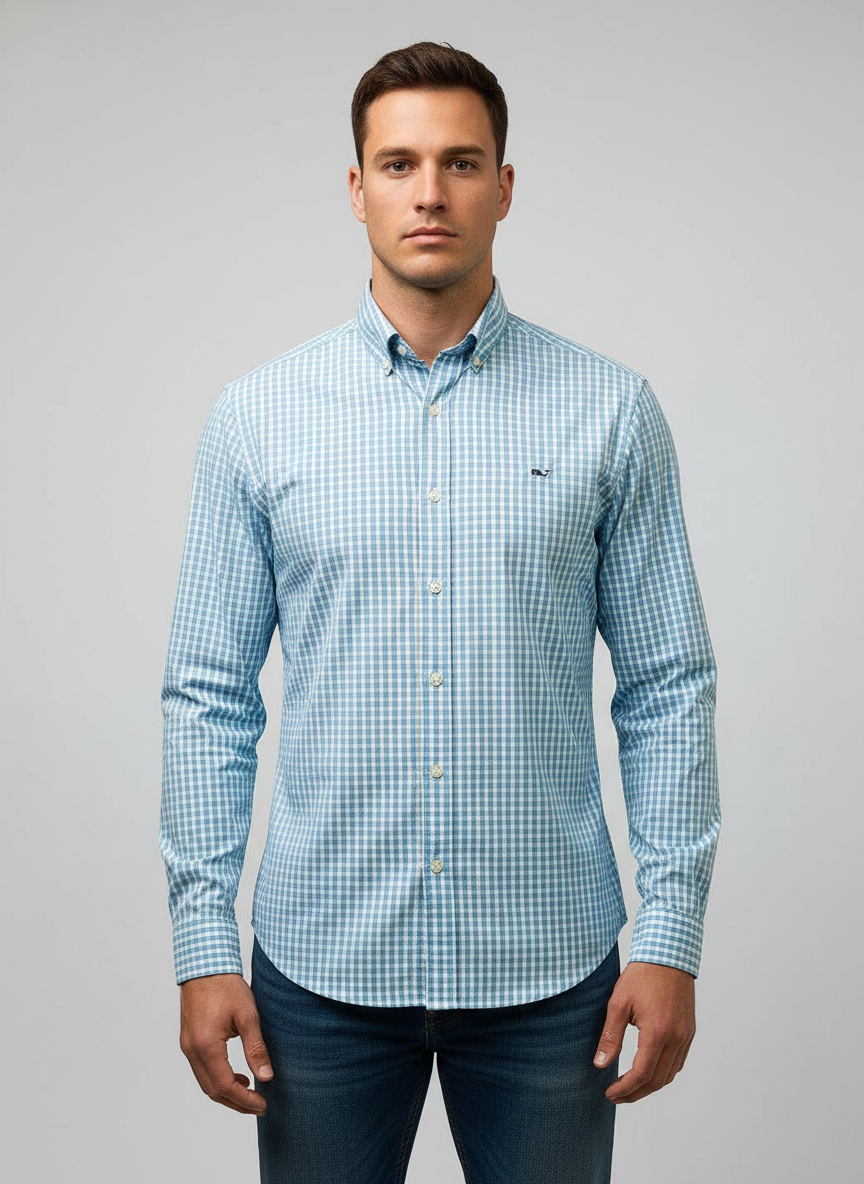 Camisa de botones Vineyard Vines 🐳 Performance de cuadros en color celeste y blanco Talla S Entalle Regular