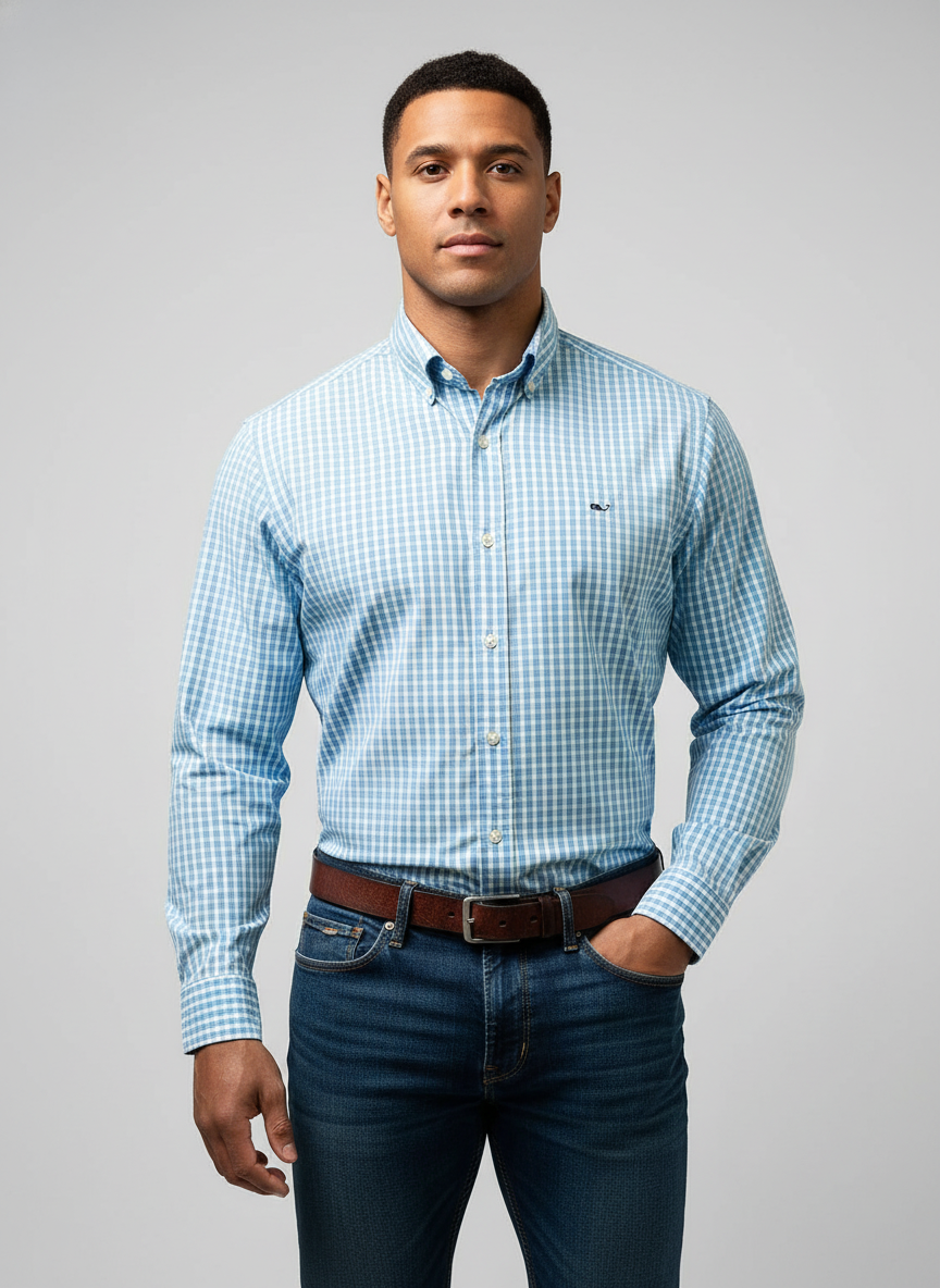Camisa de botones Vineyard Vines 🐳 Performance de cuadros en color celeste y blanco Talla S Entalle Regular