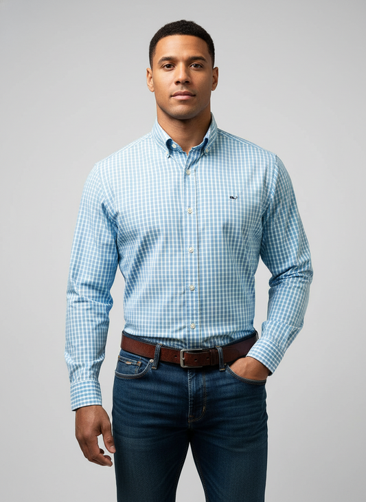 Camisa de botones Vineyard Vines 🐳 Performance de cuadros en color celeste y blanco Talla S Entalle Regular