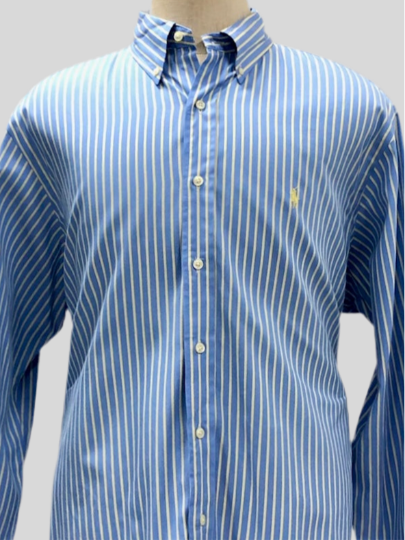 Camisa de botones Polo Ralph Lauren 🏇🏼 color celeste con patron de rayas en color amarillo Talla XL Entalle Clásico