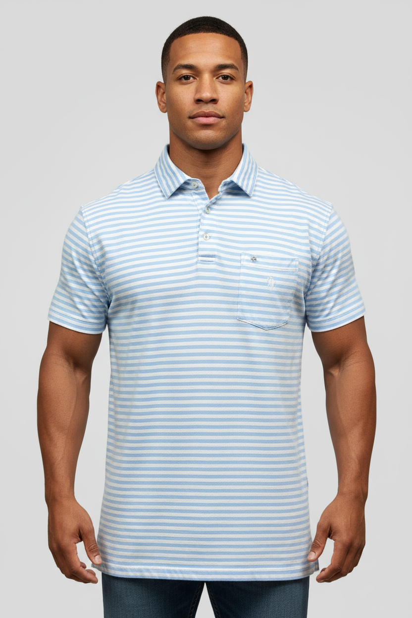 Camiseta Polo Ralph Lauren 🏇🏼color blanco con patrón de rayas celestes Talla XL Entalle Clásico