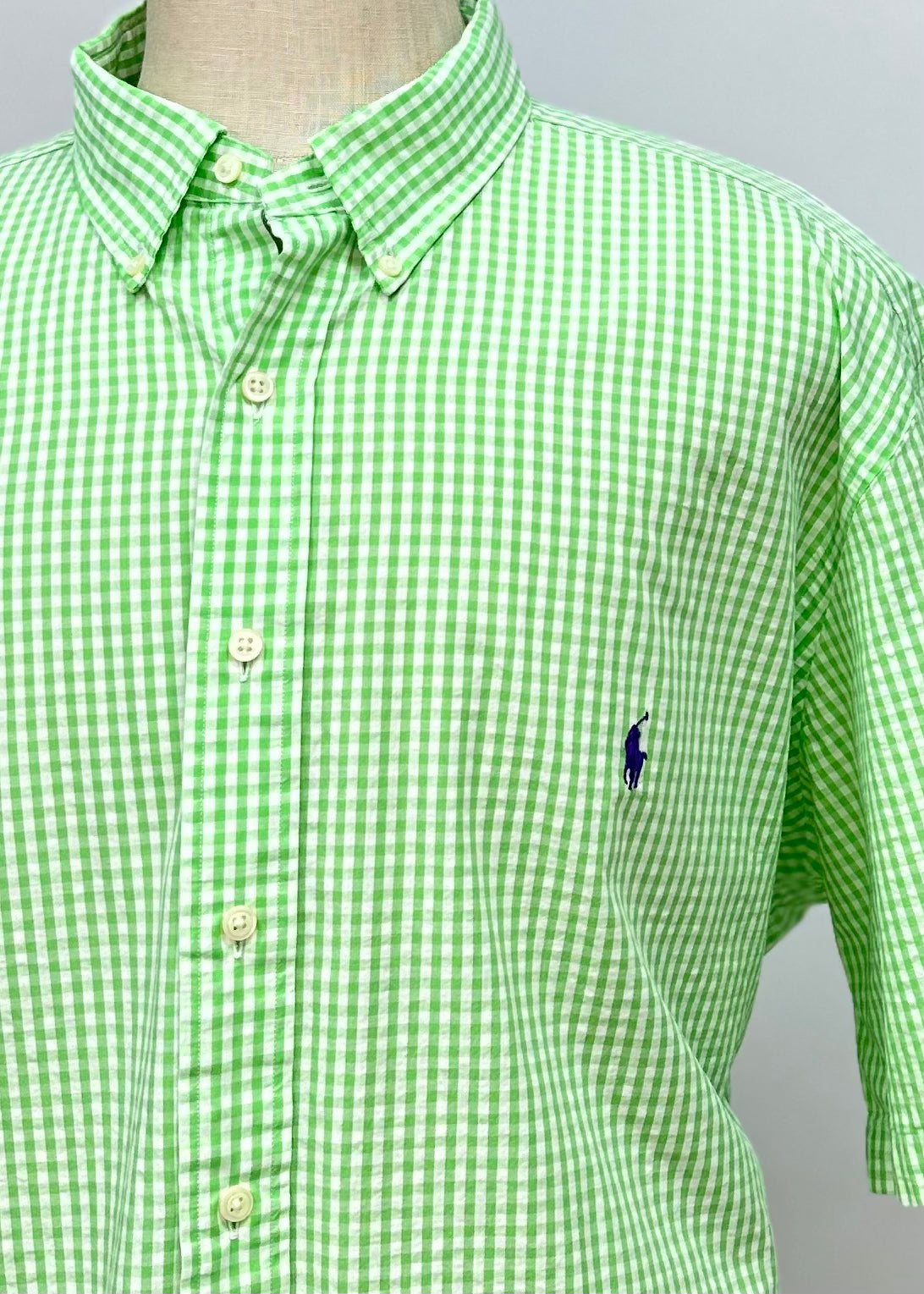 Camisa Polo Ralph Lauren 🏇🏼  Color blanco con patrón de cuadros en verde Seersucker Talla XXL Entalle Regular