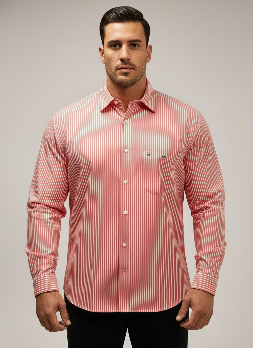 Camisa de botones Lacoste 🐊 de rayas en Salmon y blanco Talla XXL Entalle Regular