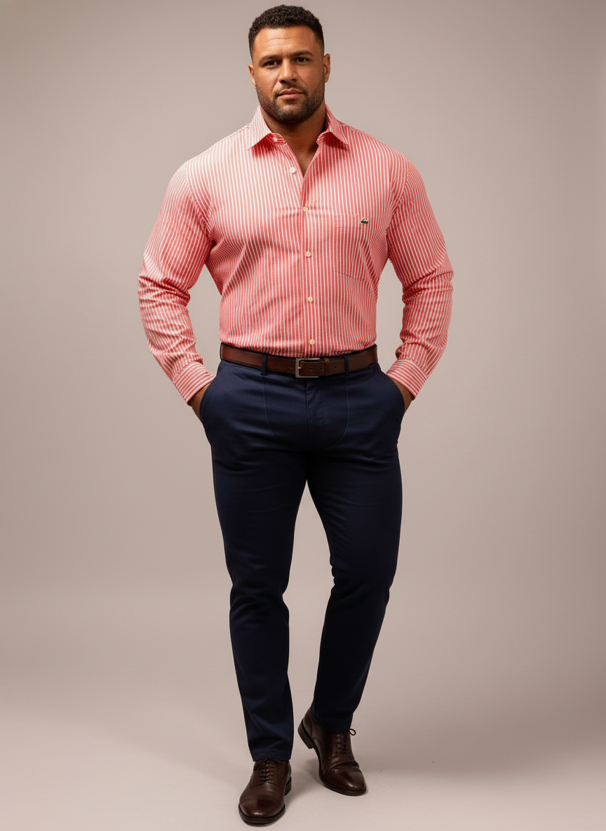Camisa de botones Lacoste 🐊 de rayas en Salmon y blanco Talla XXL Entalle Regular