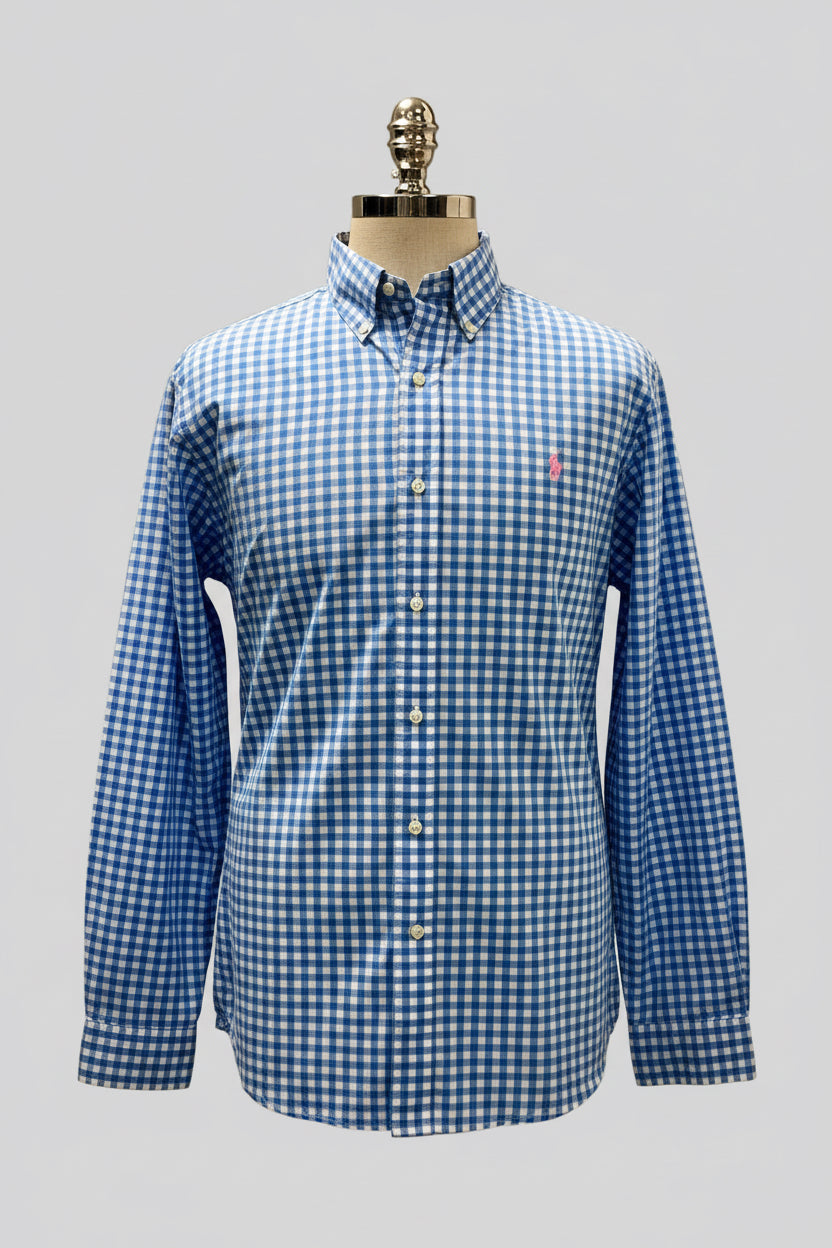 Camisa de botones Polo Ralph Lauren 🏇🏼 con patrón de cuadros gingham celeste y blanco Talla XL Entalle Clásico