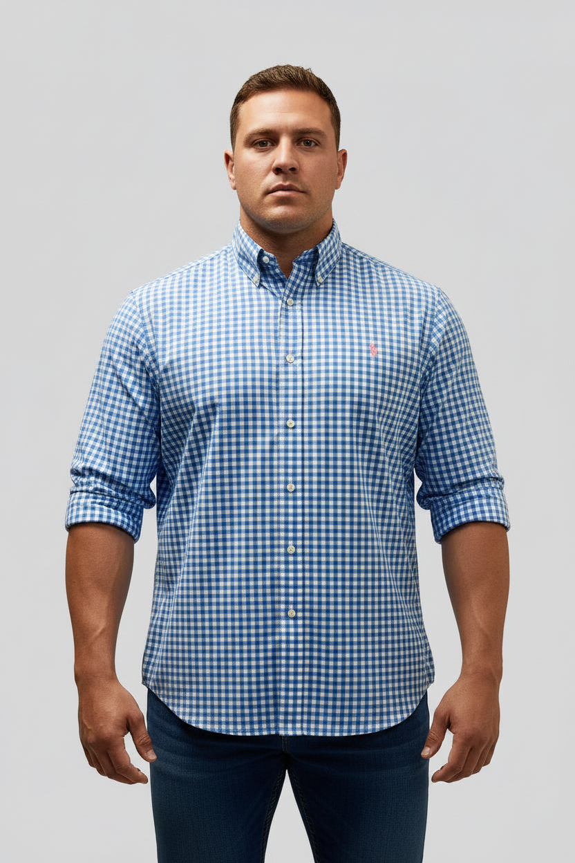 Camisa de botones Polo Ralph Lauren 🏇🏼 con patrón de cuadros gingham celeste y blanco Talla XL Entalle Clásico