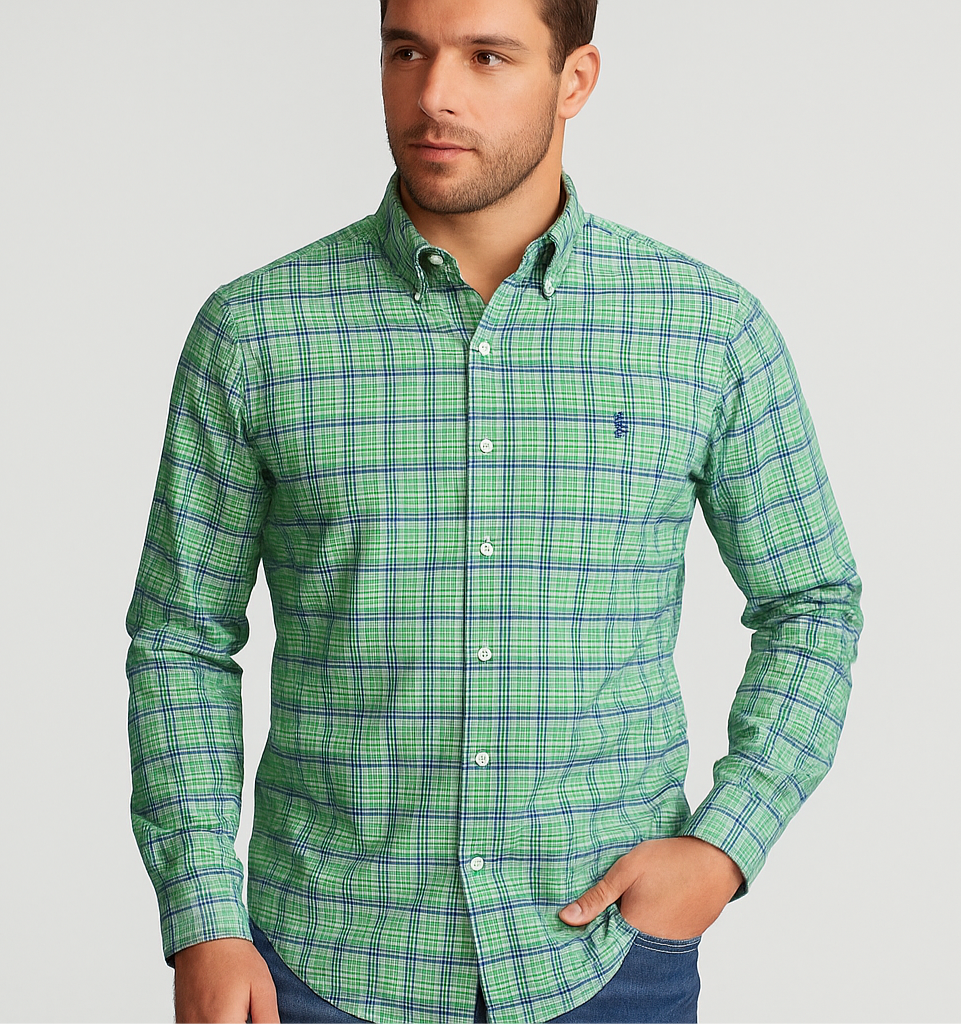 Camisa Polo Ralph Lauren 🏇🏼 con patrón de cuadros verde, azul y blanco Talla L Entalle Regular