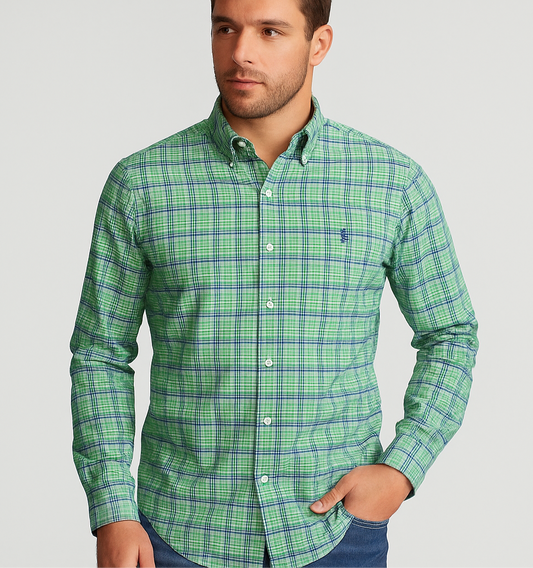 Camisa Polo Ralph Lauren 🏇🏼 con patrón de cuadros verde, azul y blanco Talla L Entalle Regular