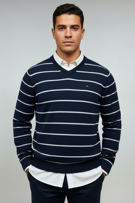 Sueter Jersey con cuello V Tommy Hilfiger 🇺🇸 color azul oscuro con rayas en color gris Talla S