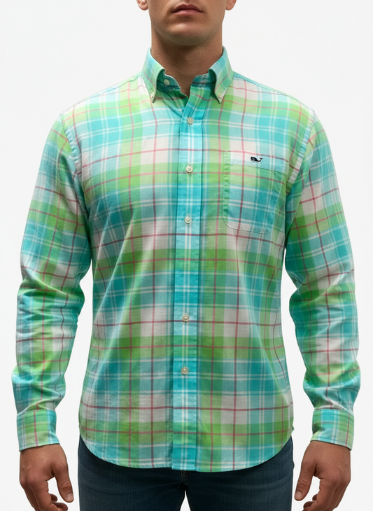 Camisa Vineyard Vines 🐳 de cuadros tartán en color verde, turquesa y blanco Talla S Entalle Regular