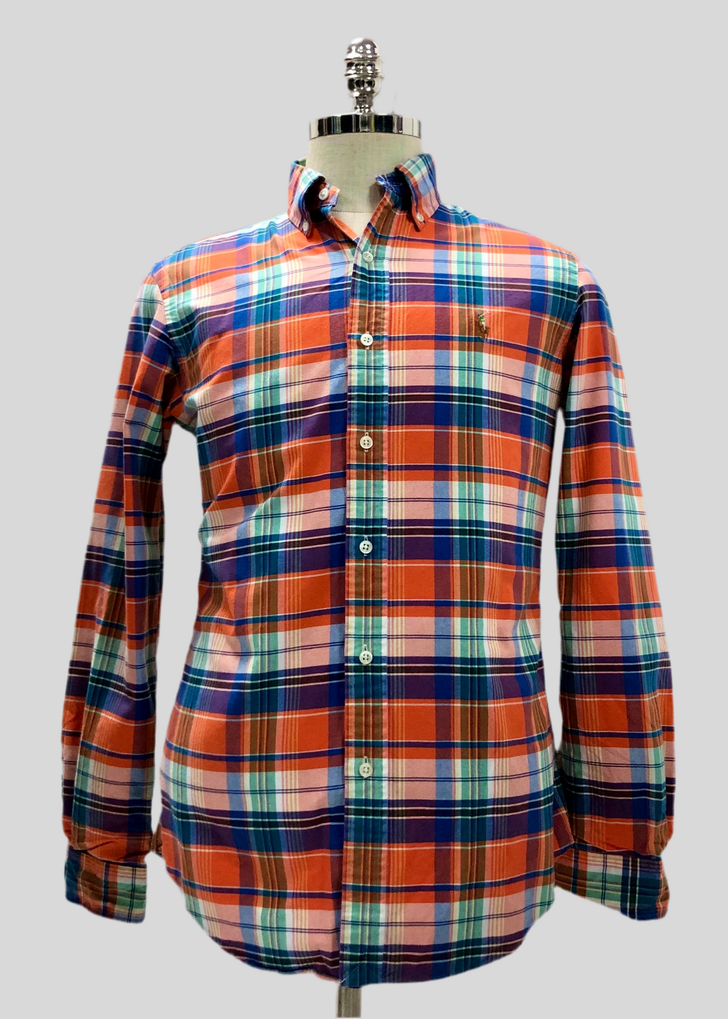 Camisa Polo Ralph Lauren 🏇🏼 Oxford con patrón de cuadros naranja, azul y blanco Talla S Entalle Regular