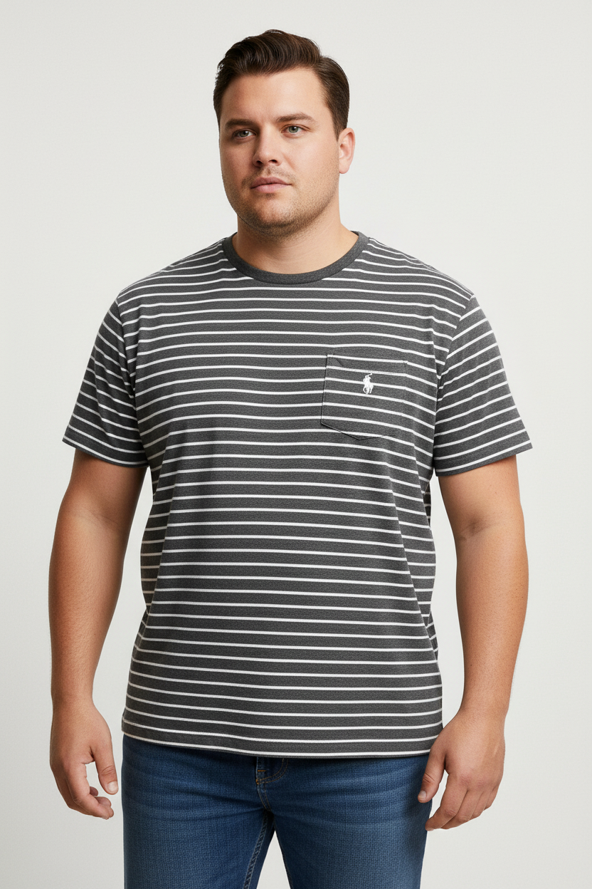 Camiseta cuello redondo Polo Ralph Lauren 🏇🏼 color gris con patrón de rayas en color blanco Talla XL