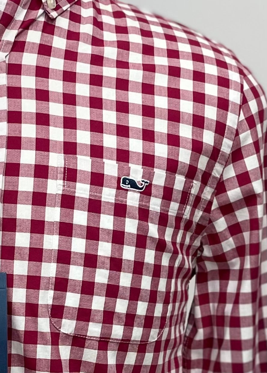 Camisa Vineyard Vines 🐳 con patron de cuadros gingham en color rojo oscuro y blanco Talla S Entalle Slim Fit