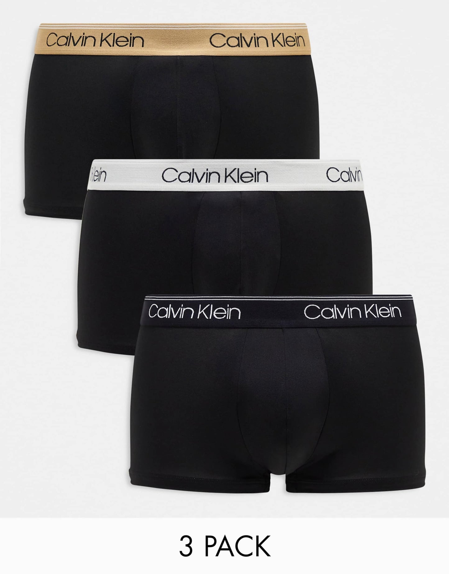 Paquete de 3 Calzoncillos tipo Boxer Calvin Klein de Microfibra Stretch en negro con cintura en dorado, blanco y negro - Tela ligera en Talla XL