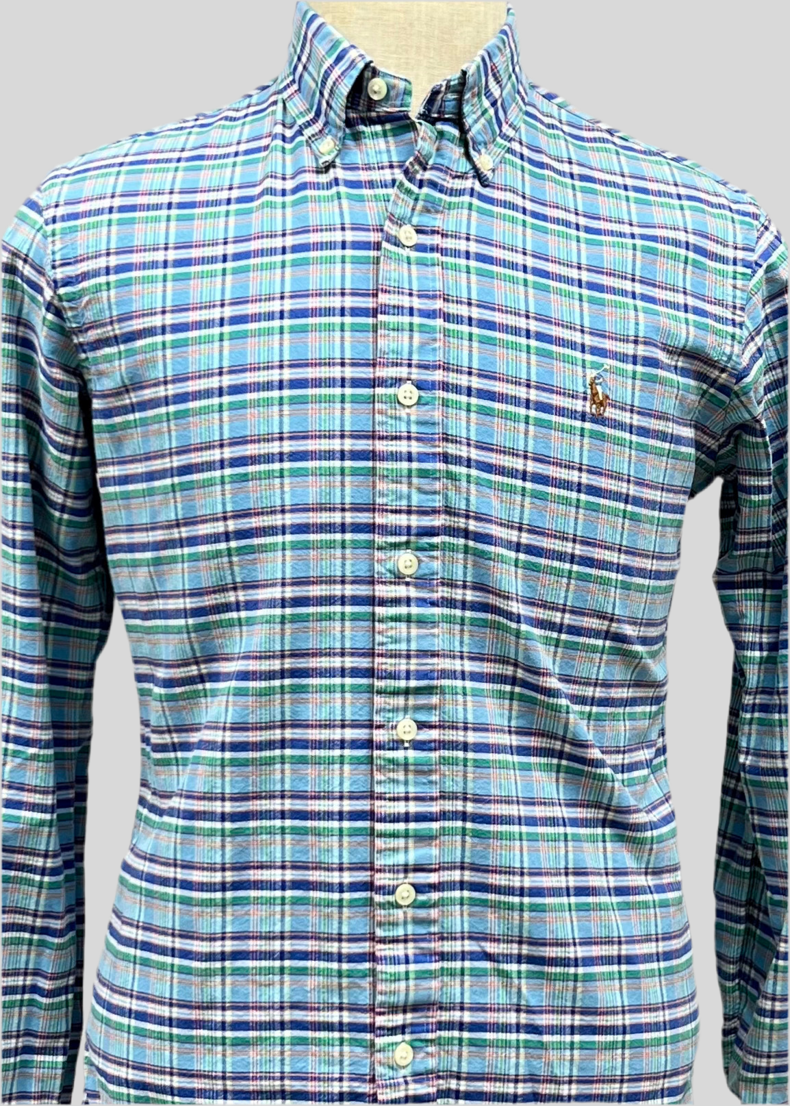 Camisa Polo Ralph Lauren 🏇🏼 Oxford de cuadros tartán en color celeste, azul y verde Talla L Entalle Regular