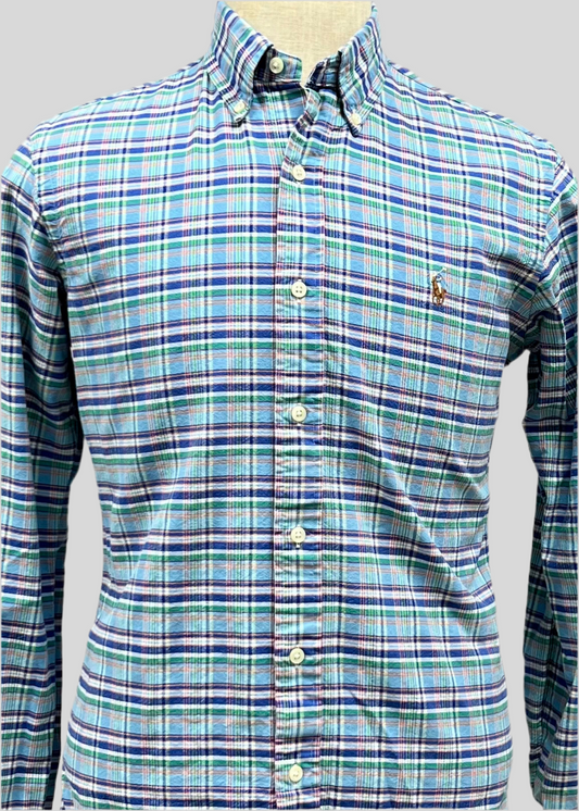 Camisa Polo Ralph Lauren 🏇🏼 Oxford de cuadros tartán en color celeste, azul y verde Talla L Entalle Regular
