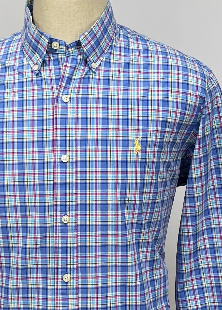 Camisa Polo Ralph Lauren 🏇🏼 con patrón de cuadros tartán azul, celeste y rosado Talla L Entalle Regular