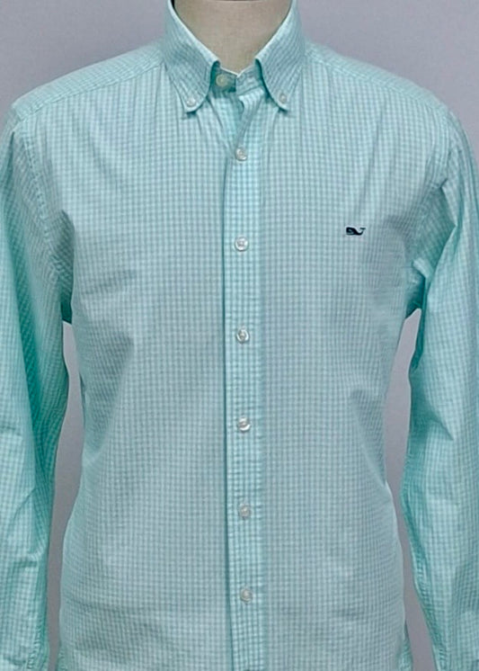 Camisa de botones Vineyard Vines 🐳 con patrón de cuadros gingham en color turquesa claro y blanco Talla M Entalle Slim Fit (ver descripción)