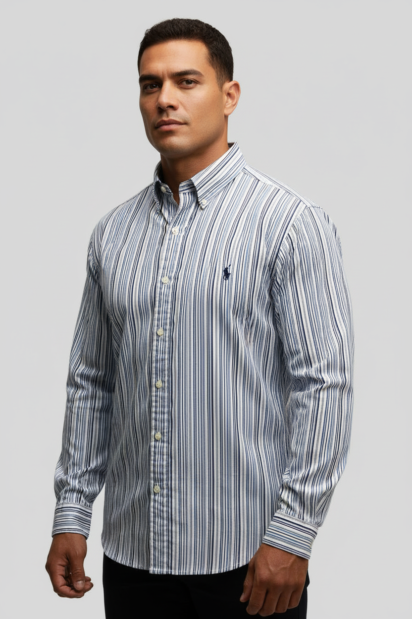 Camisa Polo Ralph Lauren 🏇🏼 Color blanco de rayas en color celeste y azul Talla XL Entalle Clásico