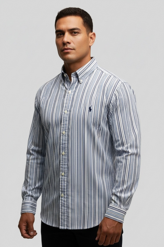 Camisa Polo Ralph Lauren 🏇🏼 Color blanco de rayas en color celeste y azul Talla XL Entalle Clásico
