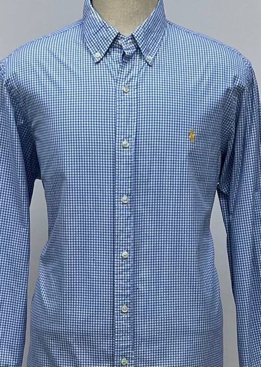 Camisa Polo Ralph Lauren 🏇🏼 con patrón de cuadros gingham celeste y blanco Talla XL Entalle Clásico