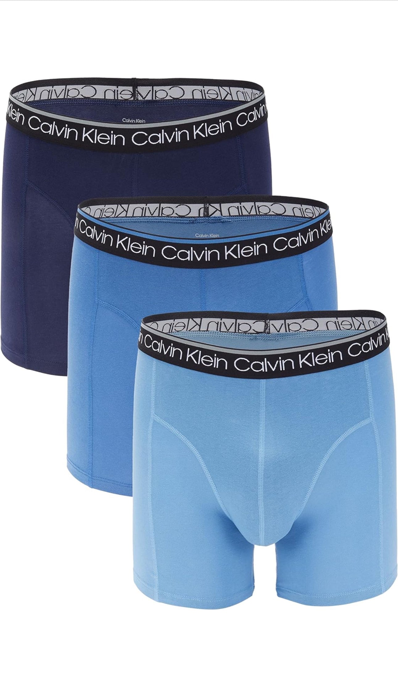 Paquete de 3 Calzoncillos tipo Boxer Calvin Klein Cotton Stretch en color azul, celeste y negro - Tela ligera en Talla L y XL