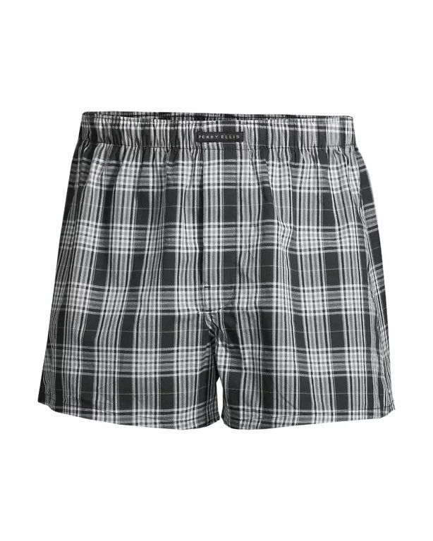 Paquete de 3 Boxer tejidos Perry Ellis Tela algodón con patrón de cuadros en color negro, blanco y celeste Talla S